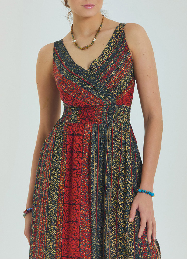 P V Neck Double Breasted Long Tile Dress 4559